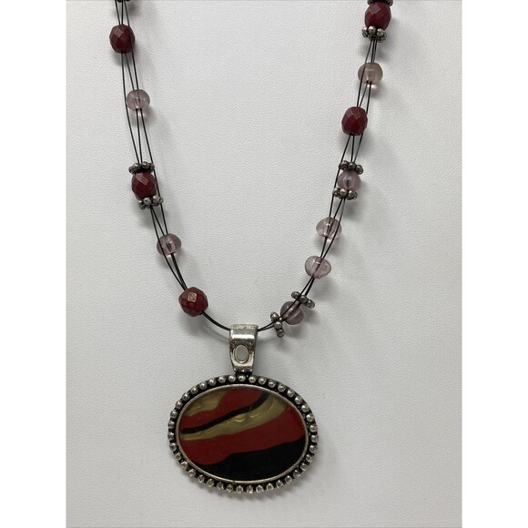 H&M Jewelry - Pendant Necklace Signed HM Red Black Tan Oval with Beads Beaded